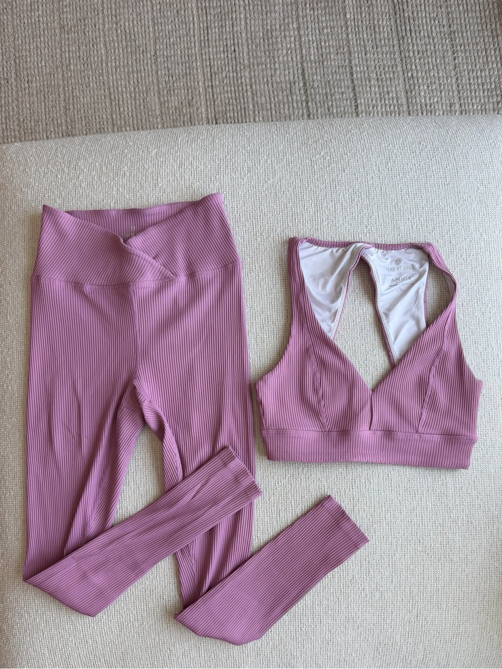Year of Ours X Bandier Pink Ribbed Sports Bra and Legging Set